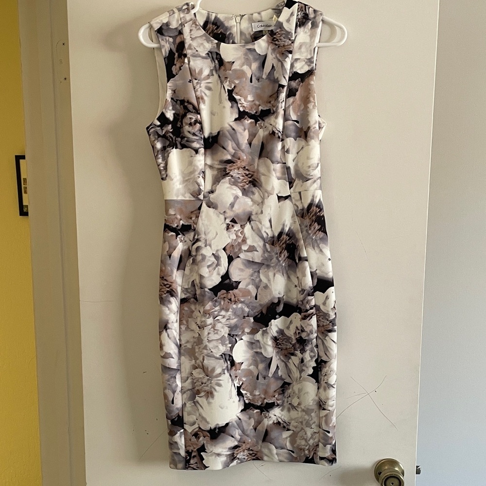 Calvin Klein Cream and Taupe Floral Midi Sheath Dress
